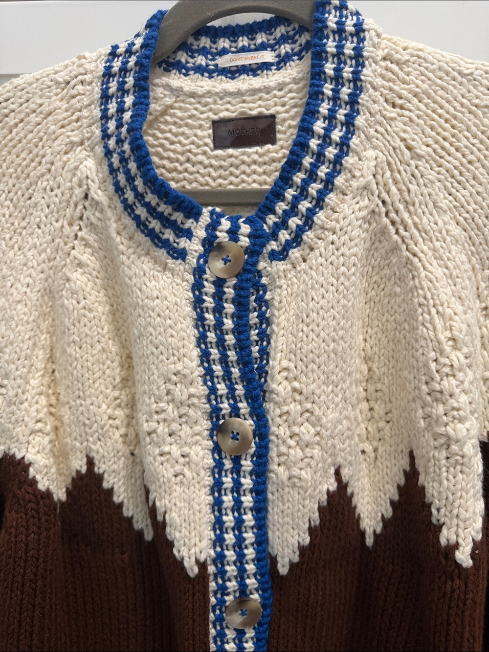 Mother Denim The Raglan Cardigan Brown and Cream Cardigan with Blue Trim - Picture 5 of 6